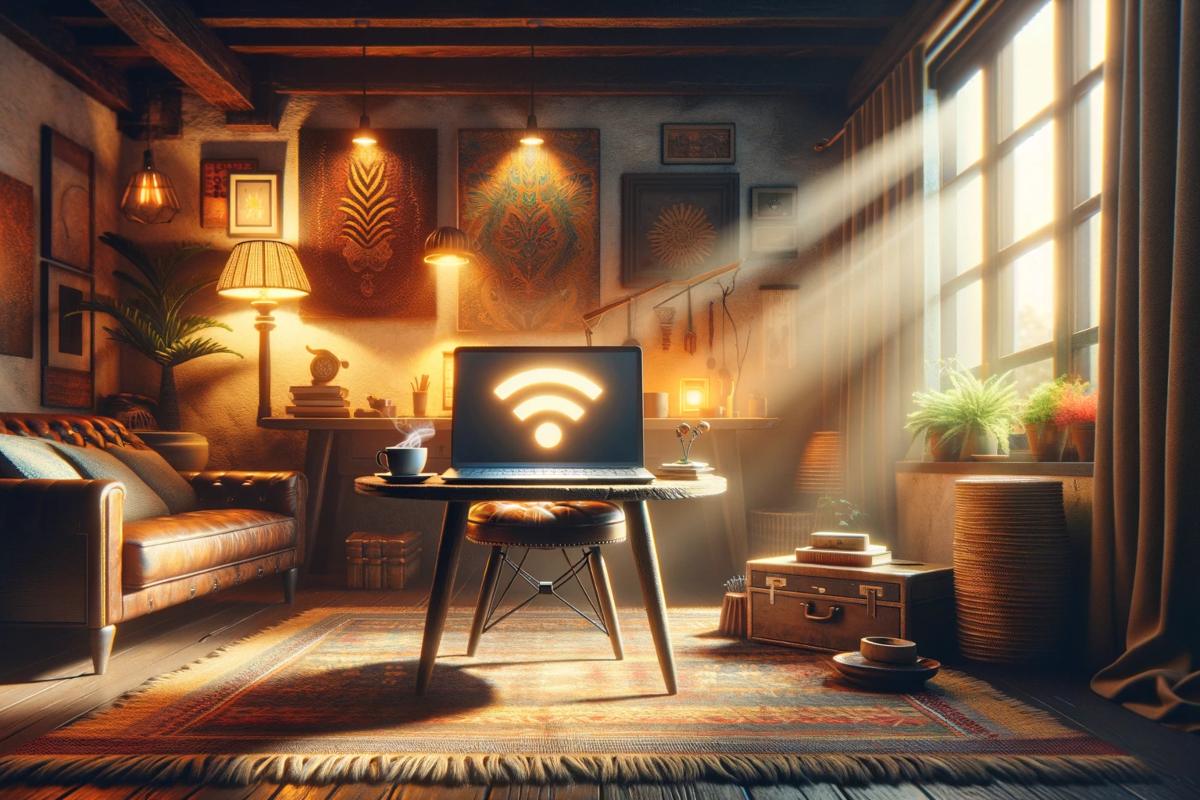 Ordi avec logo Wi-Fi au centre du salon, car Orange a de nombreux outils pour un Wi-Fi de qualité